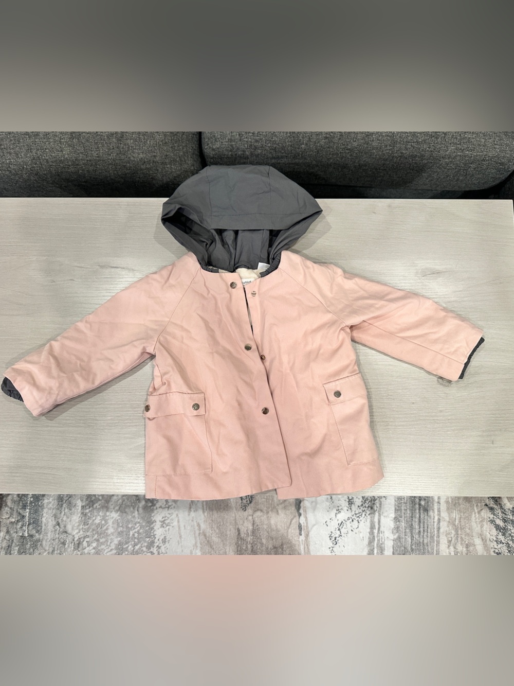 Zara Pink jacket with Gray Hood and Palm-Print Lining